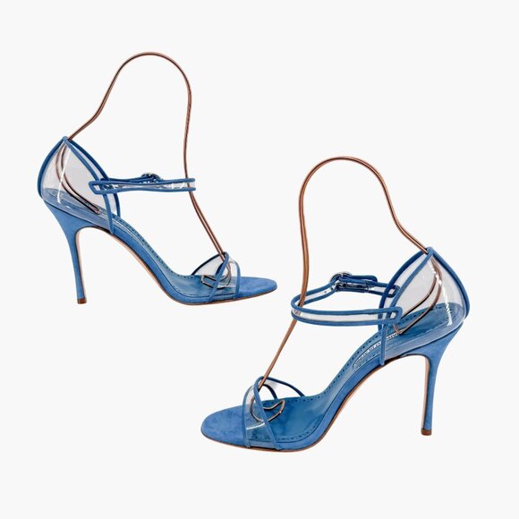 Manolo Blahnik Fersen PVC Sandals Size 40 US 10 Blue Suede High Heels Clear 105 - Picture 11 of 15